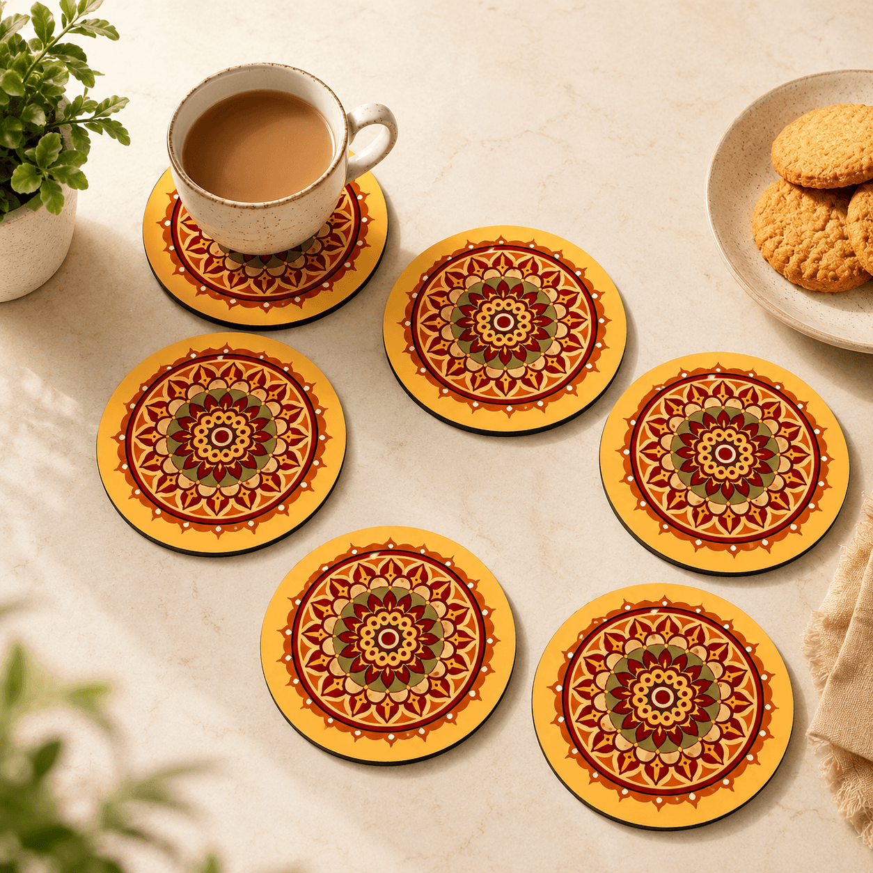 Orange Mandala Tea Coasters Set of 6